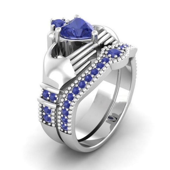 925 Silver Heart Shape Blue Sapphire Wedding Ring - Picture 2 of 2